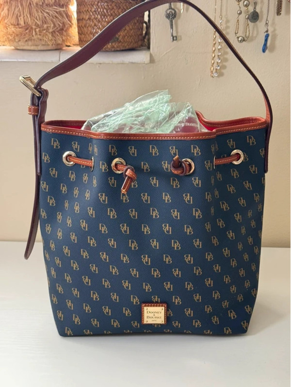 Dooney & Bourke Navy DB Monogram Drawstring Bucket Shoulder Bag Like New